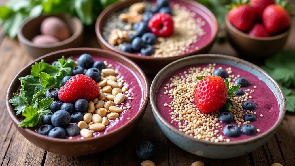 A colorful assortment of smoothie bowls packed with berries, leafy greens, seeds, and nuts on a rustic wooden table.