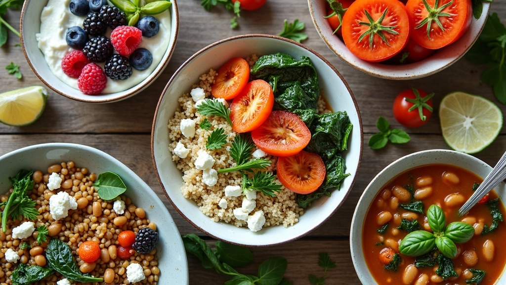 A colorful spread of high-protein vegetarian dishes including cottage cheese bowl, quinoa salad, and bean chili