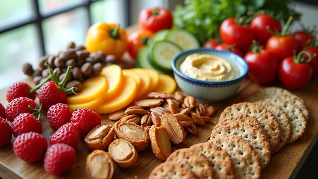 A selection of colorful, wholesome snacks including nuts, fruits, and veggie sticks displayed on a wooden table.