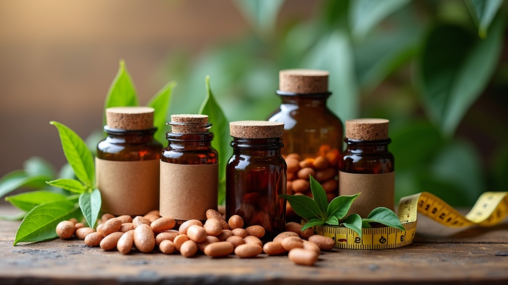 Assorted bottles and jars of dietary supplements, plant leaves, and measuring tape on a wooden background