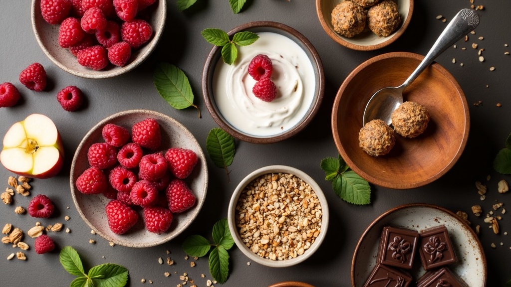 Healthy snacks including fresh fruits, nuts, and dark chocolate arranged on a rustic kitchen table