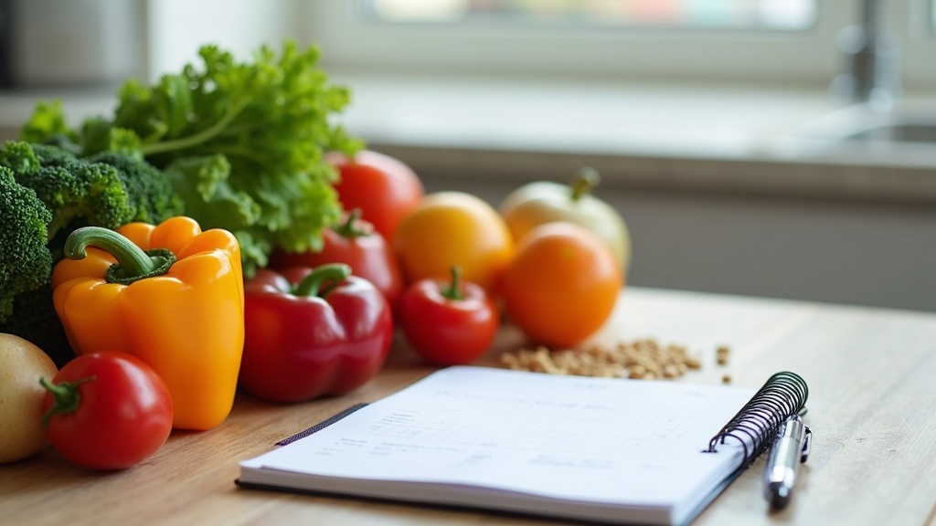 Illustration of various healthy foods, a scale, and calming nature elements to represent wellness and balance during perimenopause.